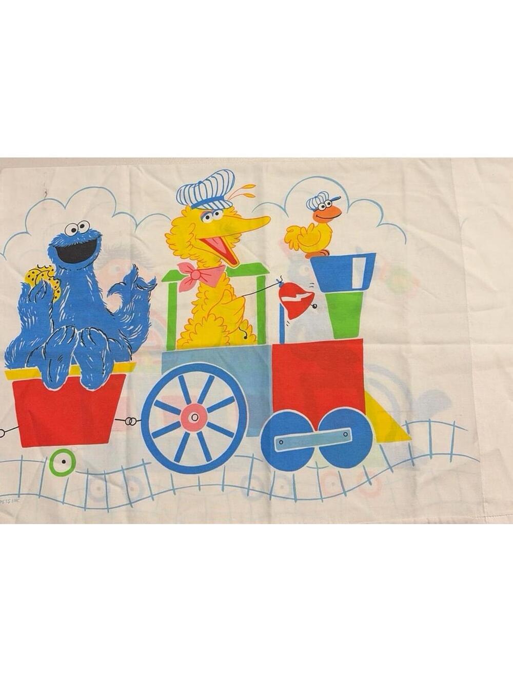 Vintage 80s Sesame Street Big Bird Cookie Monster Bert Ernie Train Pillowcase
